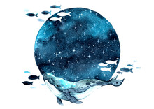 Whale Swimming On The Night Sky Among The Star Watercolor Hand Painting Background.
