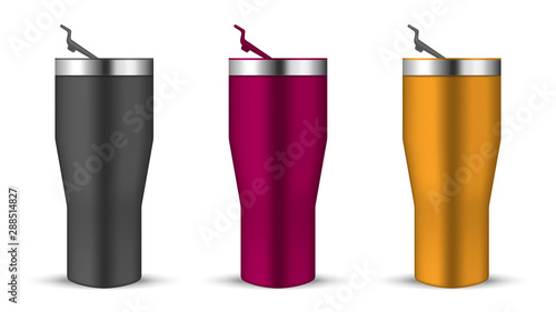 Download Tumbler Cup With Open Push In Lid Realistic Vector Mockup Water Bottle Color Mock Up Set Travel Thermo Mugs Isolated On White Background Template Stock Vector Adobe Stock
