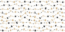 Christmas Ornaments On Gold Rope Line Seamless Pattern White Isolated Background.