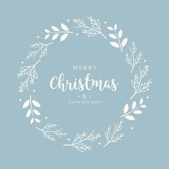 Wall Mural - merry christmas greeting text branch wreath circle blue background