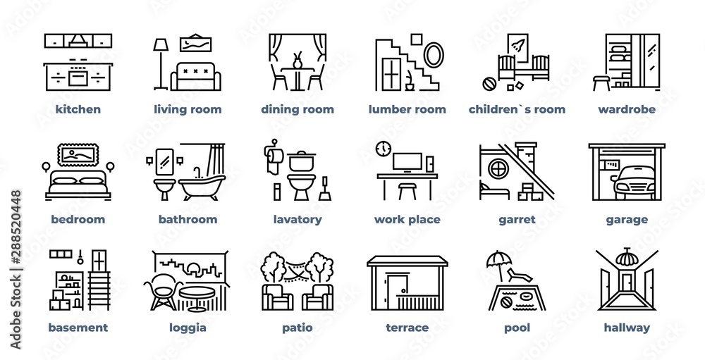 Home rooms line icons. Living room bedroom kitchen bathroom simple outline flat pictograms. Vector design home interior furniture set - obrazy, fototapety, plakaty 