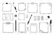 © SpicyTruffel - Doodle notes. Diary notebook and paper sheets with pin pen pencil and stationery, hand drawn sticky notes. Vector memo stickers set for image blank post
