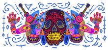 Dia De Muertos Festival Banner Illustration. Doodle Illustration Day Of The Dead Mexican Tradition And Religion Festival.