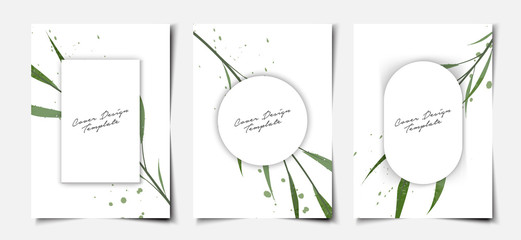 Wall Mural - Set of minimal white cover template layout with tropical foliage watercolor background