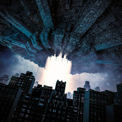 Wall Mural - the invaders arrive / 3d illustration of retro science fiction scene with giant alien space ship att