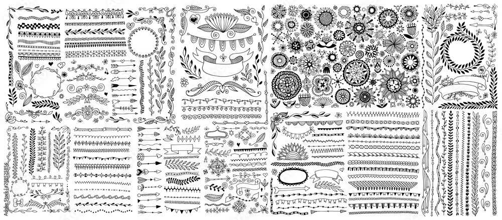 big set of doodle sketch flower design elements, floral drawing - obrazy, fototapety, plakaty 