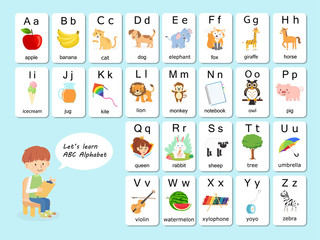 English vocabulary and alphabet flash card vector for kids to help learning and education in kindergarten children. Words of letter abc to z ,each card isolated on white background.