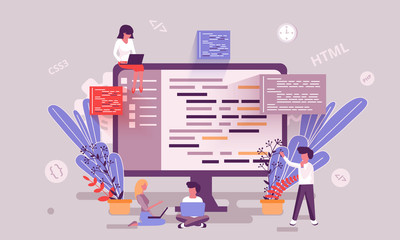 Wall Mural - flat web page design template of programming skill homepage or header decorated people character for