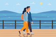 © AmadeaN - Couple walking along the sea on a trip. Woman with backpack and man going together in sunny weather. Travel concept. Flat cartoon vector illustration