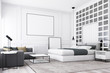 © Jokiewalker - Modern luxury bedroom and living area with classic wall decorate and grey furniture. 3d render