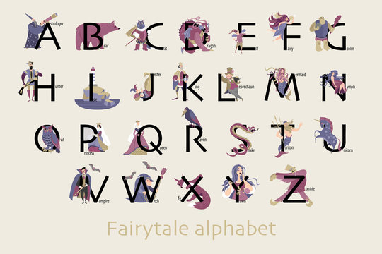Fairytale alphabet. Funny characters and animals, monsters and heroes of folklore are isolated on a neutral background.