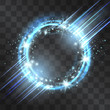 Light effect circle frame with blue neon laser, glowing tail of shining stardust sparkles, cold illumination. Glistening blizzard energy ring flows in motion. Luxurious design element. Space portal.