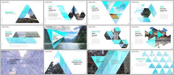 Wall Mural - Minimal presentations design, portfolio vector templates with triangular design background, triangle style pattern. Multipurpose template for presentation slide, flyer leaflet, brochure cover, report.