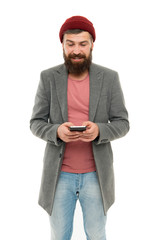 Modern life demands modern gadgets. Man with smartphone. Mobile dependence concept. Mobile phone always with me. Hipster bearded man use smartphone. Internet surfing social networks with smartphone