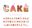 Cake cartoon font. Cute sweet letters and numbers for birthday card, baby shower, Valentines day, sweets shop, girls magazine, collages. Isolated.