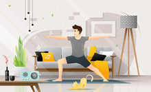 Happy Young Man Practicing Yoga In Living Room, Relaxing Weekend At Home ,vector , Illustration