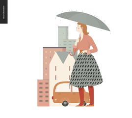 Wall Mural - Rain - standing girl -modern flat vector concept illustration of a young ginger woman wearing skirt, with umbrella, standing in the rain in the street, in front of city houses and cars.