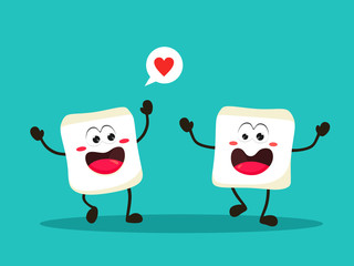 Wall Mural - Funny marshmallows in cartoon style on a turquoise background. Vector illustration.