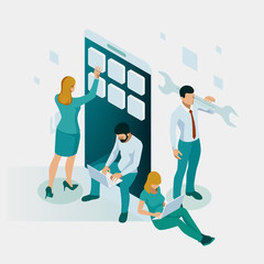 Isometric web banner mobile app development concept. Mobile technology operating system creative process visualization. User experience.