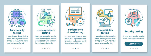Software testing onboarding mobile app page screen with linear concepts. IT industry. Computer program development walkthrough steps graphic instruction. UX, UI, GUI vector template with illustrations