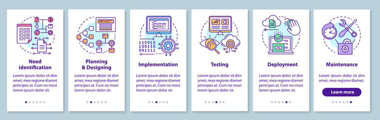 Software development stages onboarding mobile app page screen with linear concepts. Computer program creation walkthrough steps graphic instructions. UX, UI, GUI vector template with illustrations