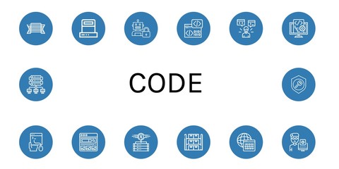 Set of code icons such as Pride, Scanner, Lock, Binary code, Programmer, Script, Coding, Search engine, Data storage, Storage, Key , code