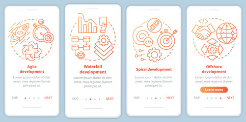 Wall Mural - software development methodologies onboarding mobile app page screen vector template. programming pr