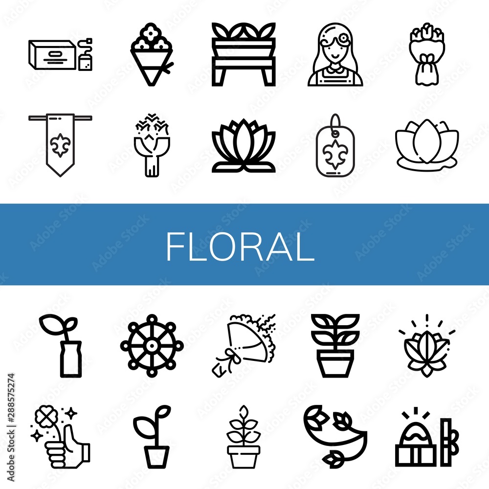 Set of floral icons such as Tea bag, Fleur de lis, Flower bouquet, Roses, Plant, Lotus flower, Florist, Bouquet, Lotus, Clover, Buddhism, Floral design, Easter , floral - obrazy, fototapety, plakaty 