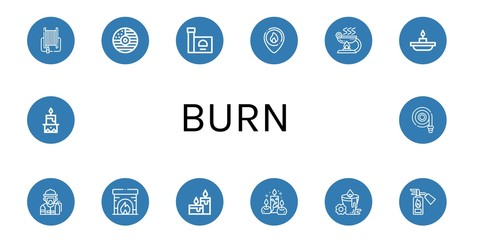 Wall Mural - Set of burn icons such as Fire hose, Cd, Stove, Firefighter, Burner, Candle, Fireman, Fireplace, Candles, Fire extinguisher , burn