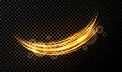 Leinwandbilder - Vector light effect on transparent background. Golden transparent light with dynamic swirl. Glowing light ring or motion swirl with flying sparkling flash