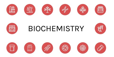 set of biochemistry icons such as test tube, phylogenetics, chromosome, phylogenetic, hormones, samp