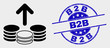 Vector spend coins icon and B2B seal stamp. Red rounded scratched seal stamp with B2B caption. Vector composition in flat style. Black isolated spend coins symbol.