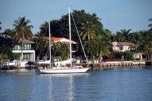 Sailboat With Two Masts Moored At RivoAlto Island In Miami Beach,Florida
