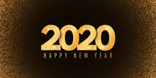 Abstract Banner For Happy New Year 2020. Fluid Design. Halftone Glowing Pattern. Gold Glitter Numbers. Festive Cover. Greeting Card. Vector Illustration