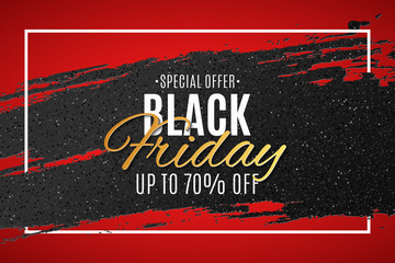 Wall Mural - Black friday banner. Grunge brush with glitter and Stylish lettering. Grand seasonal sale. Poster for your design. Vector illustration