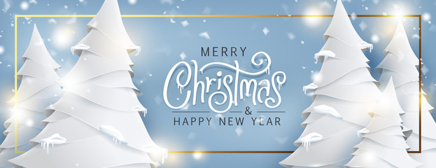 merry christmas and happy new year background for greeting cards with christmas tree landscape and s