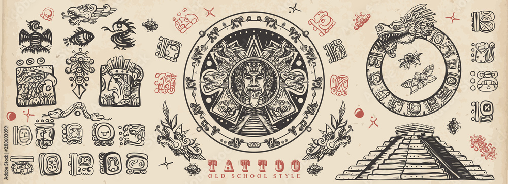 Ancient Maya Civilization. Old school tattoo collection. Mayan, Aztecs, Incas. Sun stone, pyramids, glyphs, Kukulkan. Ancient mexican mesoamerican culture. Vintage traditional tattooing style - obrazy, fototapety, plakaty 
