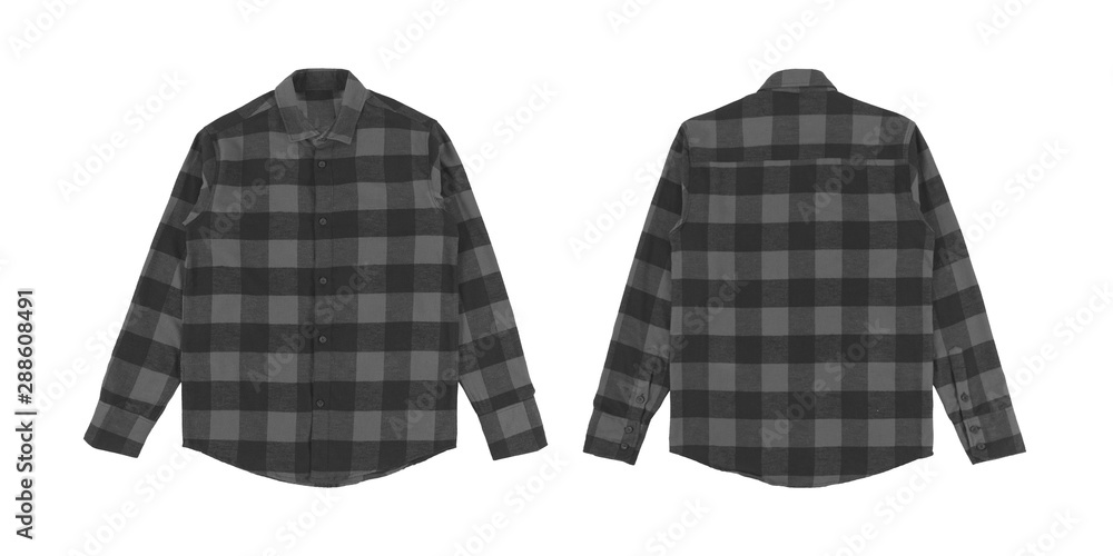 Flannel long sleeve shirt with a checkered pattern in black grey color, isolated on white background. Set of flannel shirt front and back view. - obrazy, fototapety, plakaty 