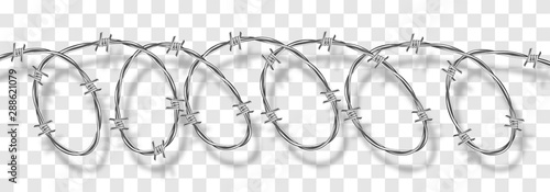 Fotomural Metal steel barbed spiral wire with thorns or spikes realistic vector illustration isolated on transparent background with shadow