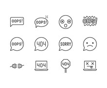 Oops Message Flat Line Icons Set. 404 Error, Mistake Speach Bubble, Page Not Found Concept Vector Illustrations. Outline Signs For Something Went Wrong. Pixel Perfect 64x64. Editable Strokes