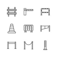 Roadblock Flat Line Icons Set. Barrier, Crowd Control Barricades, Rope Stanchion Vector Illustrations. Outline Signs For Pedastrian Safety, Roadwork. Pixel Perfect 64x64. Editable Strokes