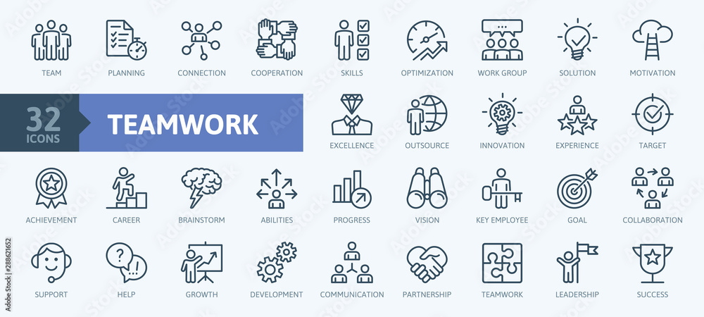 Business teamwork, team building, work group and human resources minimal thin line web icon set. Outline icons collection. Simple vector illustration. - obrazy, fototapety, plakaty 
