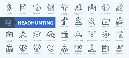 headhunting and recruiting minimal thin line web icon set. included the icons as job interview, care