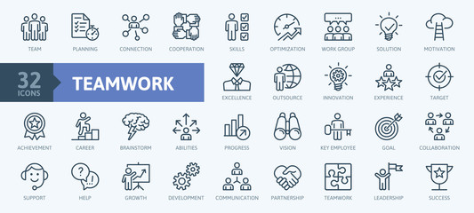 business teamwork, team building, work group and human resources minimal thin line web icon set. out