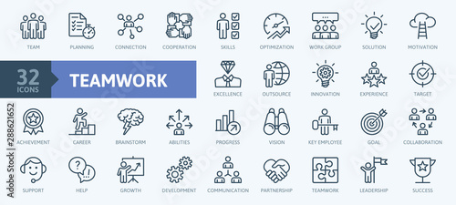 Fotomural Business teamwork, team building, work group and human resources minimal thin line web icon set