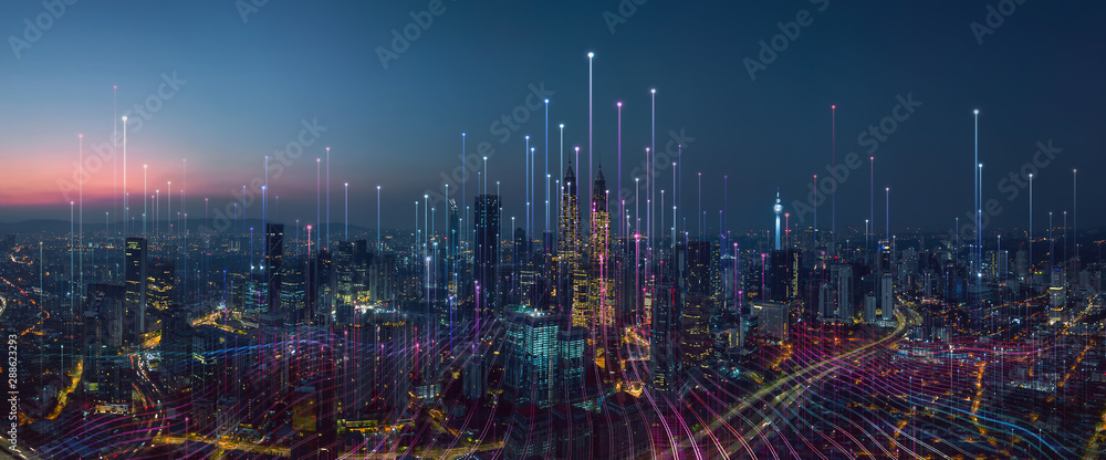Smart city and abstract dot point connect with gradient line and aesthetic Intricate wave line design , big data connection technology concept . - obrazy, fototapety, plakaty 
