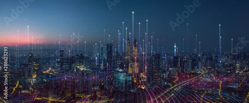 Cuadros en Lienzo Smart city and abstract dot point connect with gradient line and aesthetic Intricate wave line design , big data connection technology concept