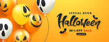 Halloween Sale Promotion Poster With Scary Balloons And Paper Bats On Orange Background.Vector Illustration For Website , Posters, Ads, Coupons, Promotional Material