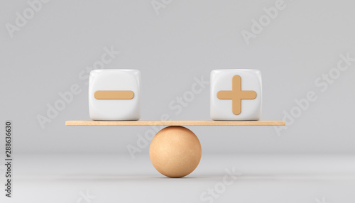 Fotomural Two cubes plus and minus signs on wooden scales on a white background