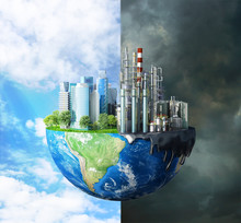 Concept Of Global Disaster. The Contrast Between Pure Nature, Bright Sky, Trees And Polluting Cities, With Large Buildings And Plants Destroying The Ecology Of Our Planet. 3d Illustration